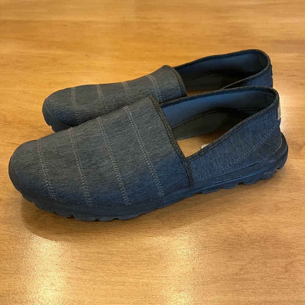 Denim slide-in walking shoes by Skechers